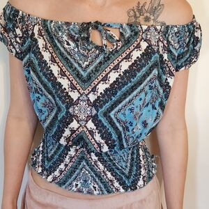 Rue21 Blue and White Off-the-Shoulder Tie Front Blouse